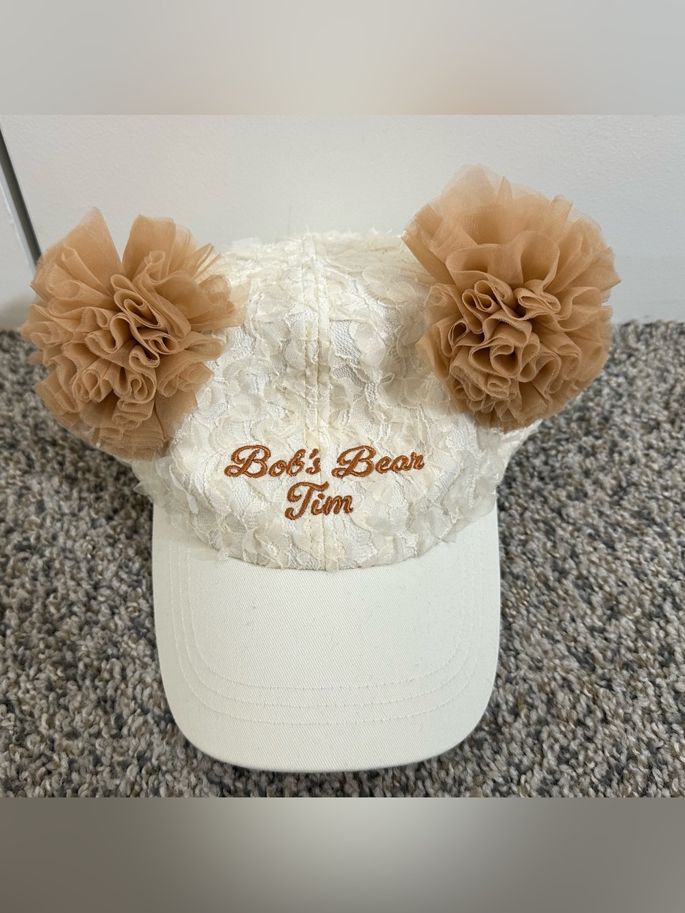 Bob’s Bear Tim Custom Lace Baseball Cap with Tan Tulle Pom-Poms